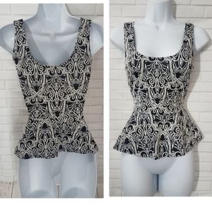 Bebe Black and White Jacquard Peplum Top